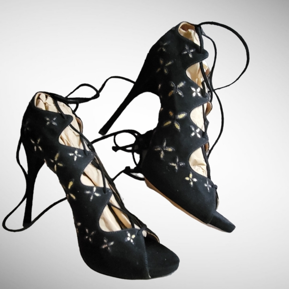 ALAIA |New in Box Black Suede w/Metallic Gold Floral Trim Open Toe Pumps S… - Picture 11 of 16